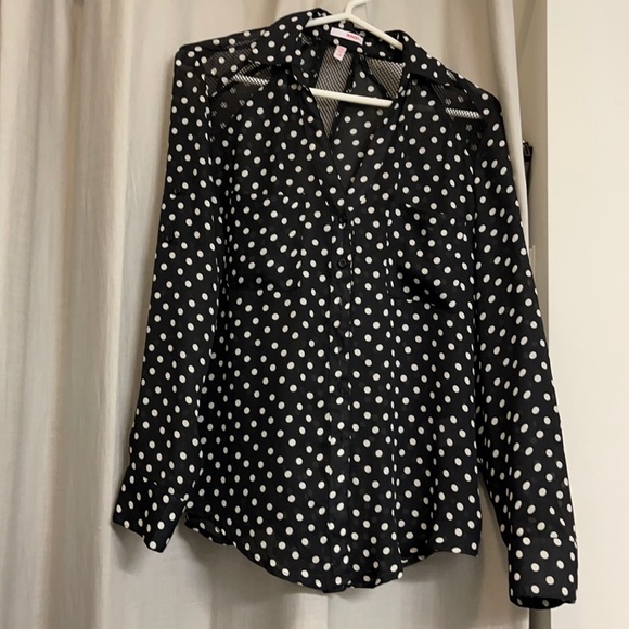Bongo long sleeved mesh cutout black and white polka dot button up blouse - Picture 1 of 4